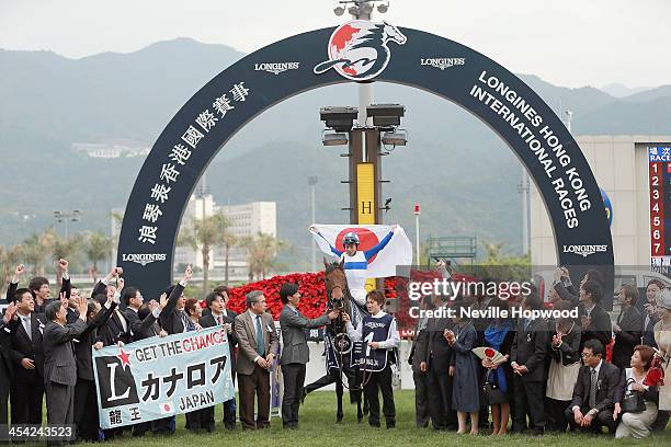 Yasunara Iwata rides Lord Kanaloa to win the Group 1 1200m Longines Hong Kong Sprint and celebrates with the connections during Hong Kong...