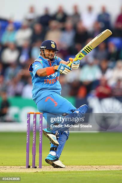 Suresh Raina of India pulls a delivery during the second Royal London One-Day Series match between England and India at the SWALEC Stadium on August...