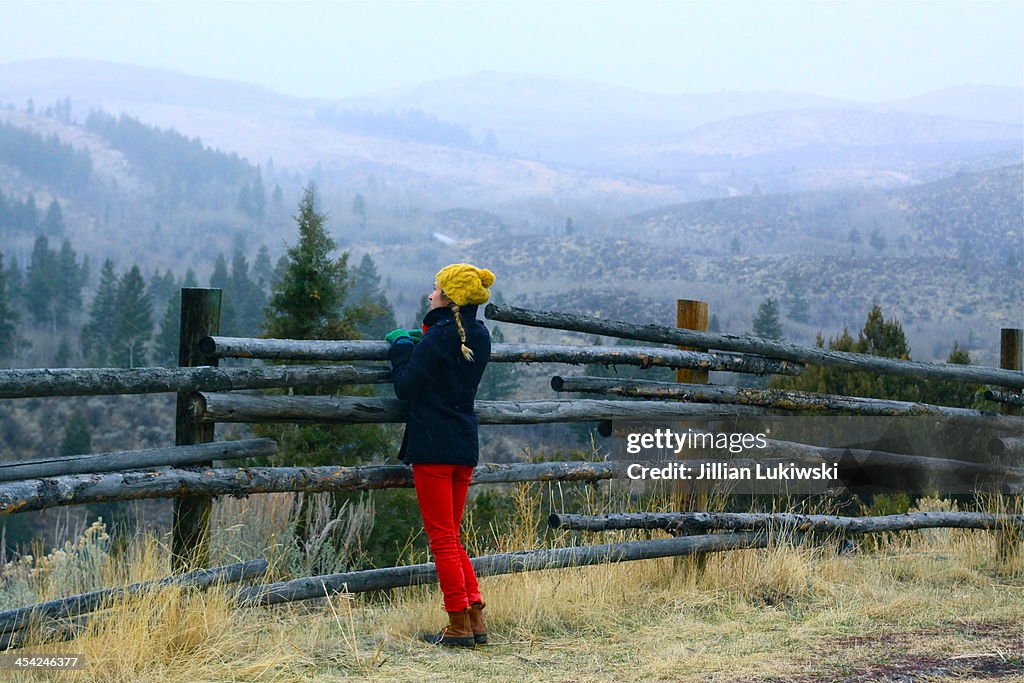 Woman looks out over rail fence