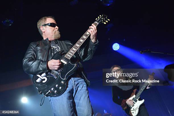 Guitarists Eric Bloom and Buck Dharma of American rock group Blue Oyster Cult performing live on stage at the Giants Of Rock festival in Minehead,...