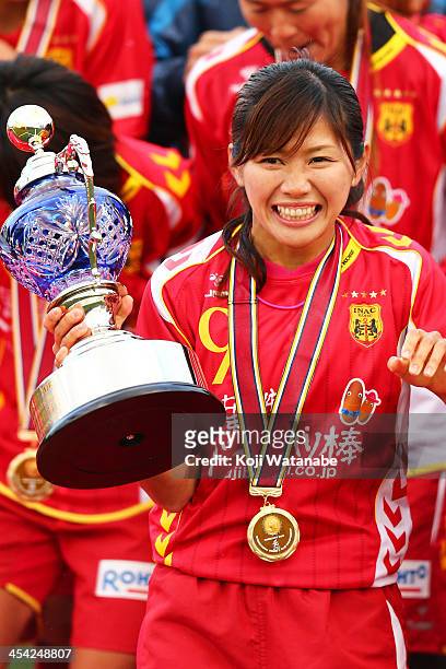 Nahomi Kawasumi of INAC Kobe Leonessa celebrates after winning the International Women's Club Championship final match between Chelsea Ladies and...