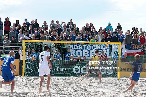 General view during the final match between BST Chemnitz and Rostocker Robben on day one of the DFB Beachscoccer Cup at the beach of Warnemunde on...