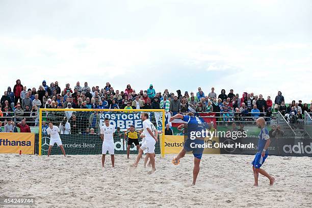 General view during the final match between BST Chemnitz and Rostocker Robben on day one of the DFB Beachscoccer Cup at the beach of Warnemunde on...