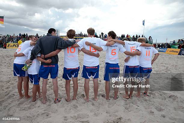 Players of Berlin during the match between Beach Kick Berlin and GWS Beach Pirates on day one of the DFB Beachscoccer Cup at the beach of Warnemunde...