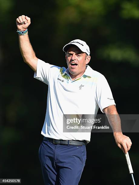 Ryder Cup Captain Paul McGinley of Ireland celebrates as he punhes the air during the Pro - Am of the 71st Italian Open Damiani at Circolo Golf...