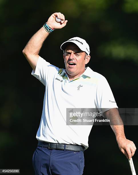 Ryder Cup Captain Paul McGinley of Ireland celebrates as he punhes the air during the Pro - Am of the 71st Italian Open Damiani at Circolo Golf...