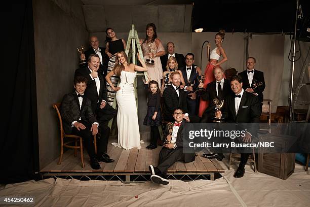 66th ANNUAL PRIMETIME EMMY AWARDS -- Pictured: "Modern Family" cast and crew Nolan Gould, Eric Stonestreet, Ariel Winter, Sofia Vergara, Aubrey...