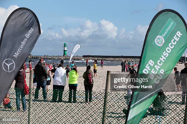 General view during the final match between BST Chemnitz and Rostocker Robben on day one of the DFB Beachscoccer Cup at the beach of Warnemunde on...