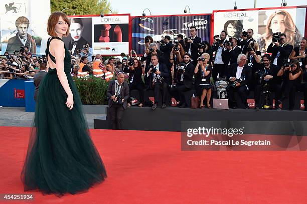 Actress Emma Stone attends the Opening Ceremony and 'Birdman' premiere during the 71st Venice Film Festival on August 27, 2014 in Venice, Italy.