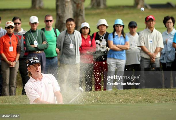 Miguel Angel Jimenez of Spain in action during the final round of the 2013 Hong Kong open at The Hong Kong Golf Club on December 8, 2013 in Hong...