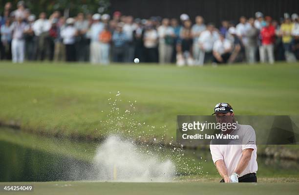 Miguel Angel Jimenez of Spain in action during the final round of the 2013 Hong Kong open at The Hong Kong Golf Club on December 8, 2013 in Hong...