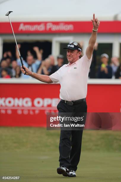 Miguel Angel Jimenez of Spain celebrates after winning the final round of the 2013 Hong Kong open at The Hong Kong Golf Club on December 8, 2013 in...