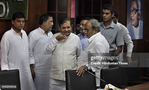 Janata Dal United President Sharad Yadav along with other party leaders during the press conference regarding Bihar by-elections result at Janta Dal...