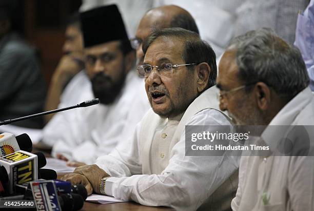 Janata Dal United President Sharad Yadav along with other party leaders during the press conference regarding Bihar by-elections result at Janta Dal...