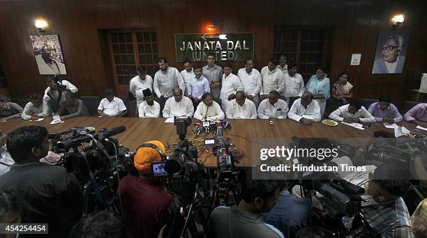 Janata Dal United President Sharad Yadav along with other party leaders during the press conference regarding Bihar by-elections result at Janta Dal...