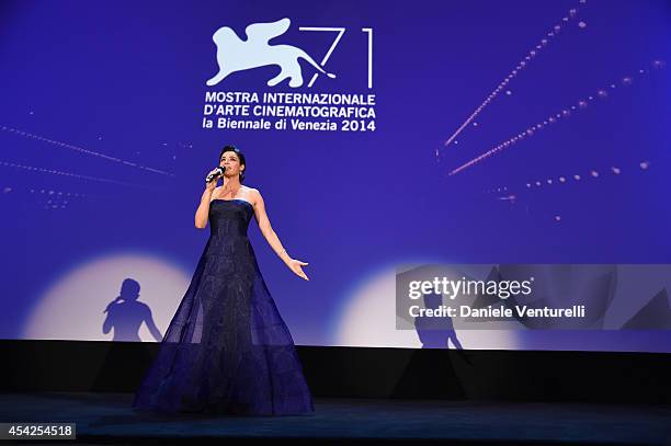 Festival hostess and actress Luisa Ranieri speaks at the Opening Ceremony during the 71st Venice Film Festival at Palazzo Del Cinema on August 27,...