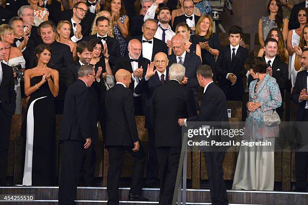 Italian President Giorgio Napolitano attends the Opening Ceremony and 'Birdman' premiere during the 71st Venice Film Festival on August 27, 2014 in...