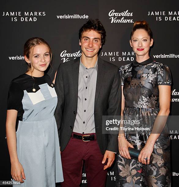 Morgan Saylor, Noah Silver and Judy Greer attend the premiere of Gravitas Ventures' 'Jamie Marks Is Dead' at Sundance Cinema on August 26, 2014 in...