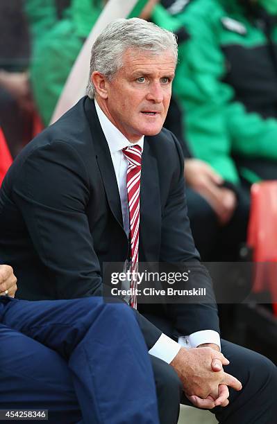 Stoke City manager Mark Hughes during the Capital One Cup Second Round match between Stoke City and Portsmouth at Britannia Stadium on August 27,...