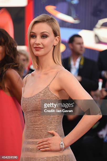 Actress Sarah Gadon wearing the Jaeger-LeCoultre Reverso Cordonnet watch attends the opening ceremony and 'Birdman' Premiere during the 71st Venice...