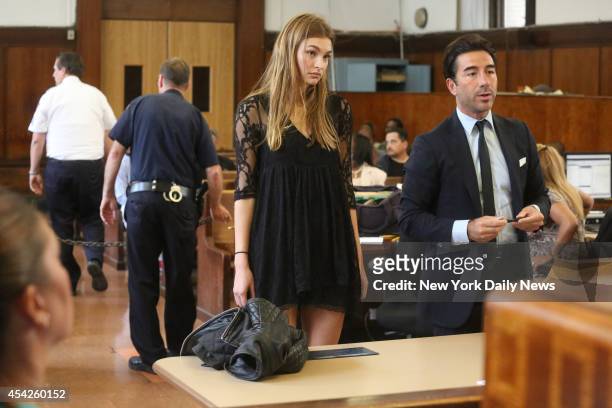 Top model Roosmarijn de Kok, appears in Manhattan Criminal Court with her defense lawyer, Sal Strazzullo for allegedly shoplifting fish oil and three...