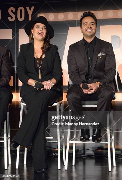 Olga Tanon and Luis Fonsi attends Telemundo press conference for Yo Soy El Artista at the W South Beach at W Hotel on August 27, 2014 in Miami,...