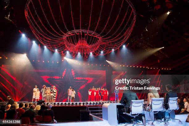 The dance acts face the judges as the announcement is made of who has gone through to the finals during the third live show of 2014's "Got To Dance"...