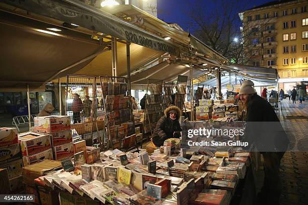 Booksellers at Slaveykov Square prepare to call it a day on December 7, 2013 in Sofia, Bulgaria. Restrictions on the freedom of Bulgarians and...