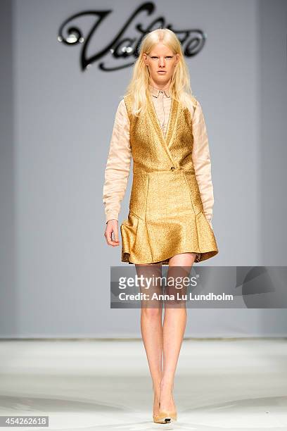Model walk the runway at the Valerie show at Fashion Week in Stockholm SS 15 on August 27, 2014 in Stockholm, Sweden.