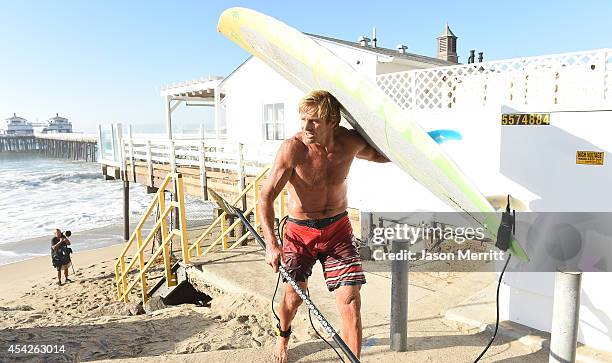 American big-wave surfer Laird Hamilton sighting along the beach during huge swells generated by hurricane Marie Reach on August 27, 2014 in Malibu,...