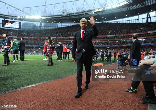 Arsene Wenger the Arsenal Manager before the UEFA Champions League Qualifing match between Arsenal and Besiktas at Emirates Stadium on August 27,...