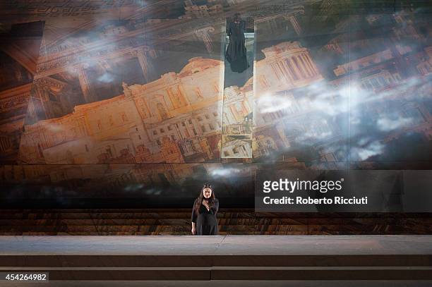 Mlada Khudoley of Mariinsky Opera performs during a photocall for "Les Troyens" at the Edinburgh International Festival at Festival Theatre on August...