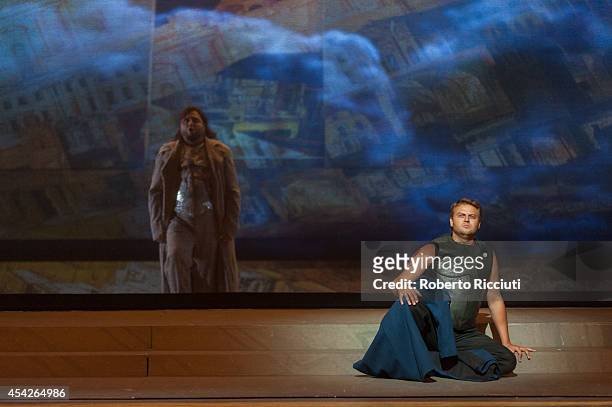 Yury Vorobiev and Alexey Markov of Mariinsky Opera perform during a photocall for "Les Troyens" at the Edinburgh International Festival at Festival...