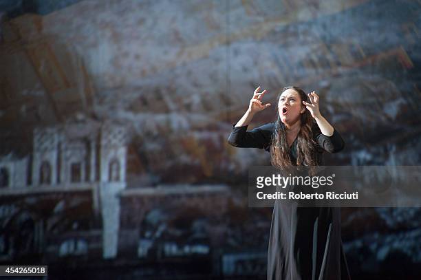 Mlada Khudoley of Mariinsky Opera performs during a photocall for "Les Troyens" at the Edinburgh International Festival at Festival Theatre on August...