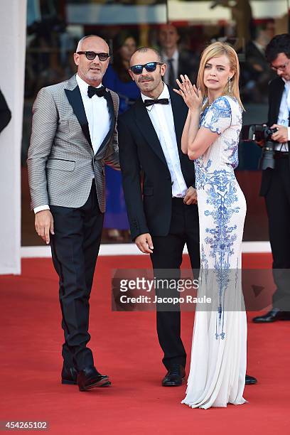 Giacomo Nicolodi and Stefano Rosso attends the Opening Ceremony and 'Birdman' premiere during the 71st Venice Film Festival at Palazzo Del Cinema on...