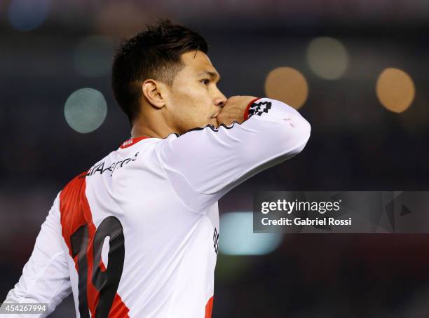 Teofilo Gutierrez of River Plate celebrates after scoring the third goal of his team during a match between River Plate and Defensa y Justicia as...