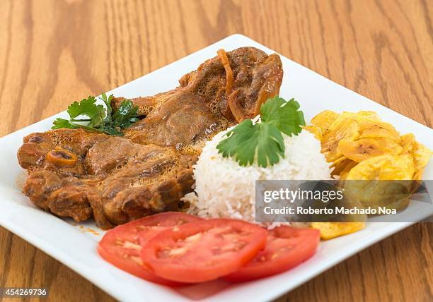 Traditional stewed lamb made and served the Cuban way with tomato, tomato sauce, white rice and salty banana chips.