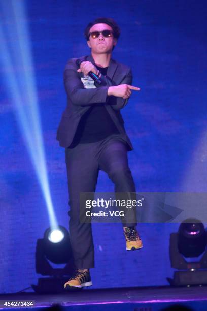 Eason Chan performs on the stage during a concert for the celebration of the 23th anniversary of Metro Broadcast Corporation Ltd. On August 27, 2014...