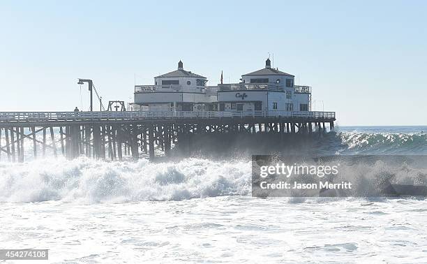 General view of atmosphere during th huge swells generated by hurricane Marie Reach along the southern California coastline on August 27, 2014 in...