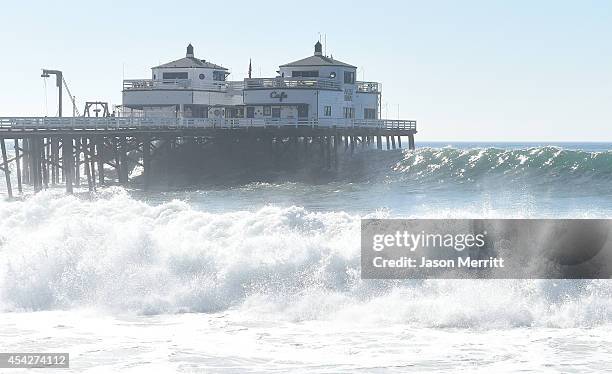 General view of atmosphere during th huge swells generated by hurricane Marie Reach along the southern California coastline on August 27, 2014 in...