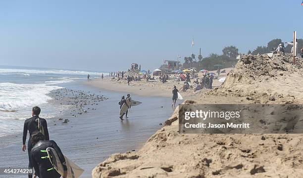 General view of atmosphere during th huge swells generated by hurricane Marie Reach along the southern California coastline on August 27, 2014 in...