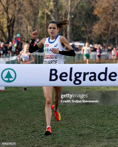 Sophie Duarte of France crosses the finish line to win the Senior Women's race during the 20th SPAR European Cross Country Championships on December...