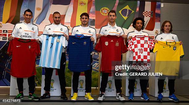 Real Madrid football players, Argentinian midfielder Angel di Maria, French forward Karim Benzema, Spanish goalkeeper Iker Casillas, Portuguese...