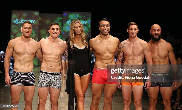 All Blacks rugby players Tawera Kerr-Barlow, TJ Perenara, Nikki Philips, Victor Vito, Gillies Kaka and DJ Forbes showcase designs by Jockey in the...