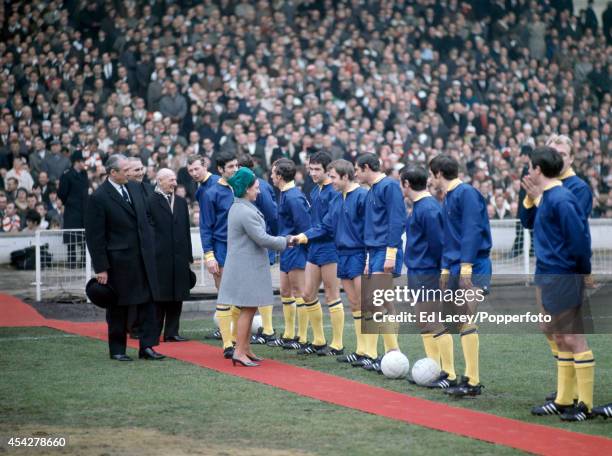 Princess Margaret shakes hands with David Court as she is introduced to the Arsenal team prior to the League Cup Final between Arsenal and Swindon...