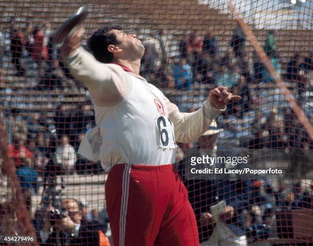 George Puce of Canada winning the discus throw during th British Commonwealth Games at the Meadowbank Stadium in Edinburgh, circa July 1970.