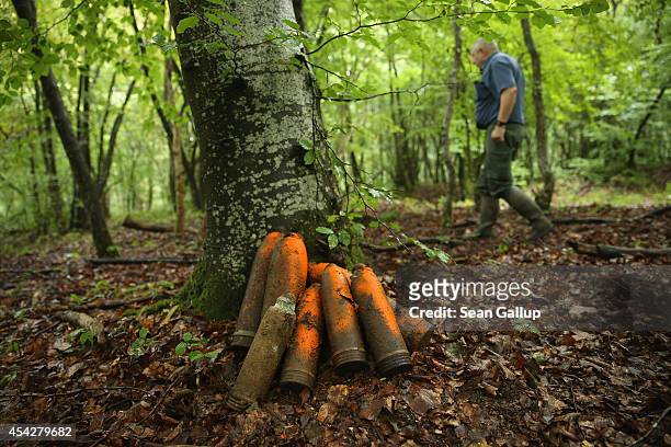 Retired forest services worker Daniel Gadois walks past German 77mm and 105mm artillery shells that date from World War I and were never fired that...
