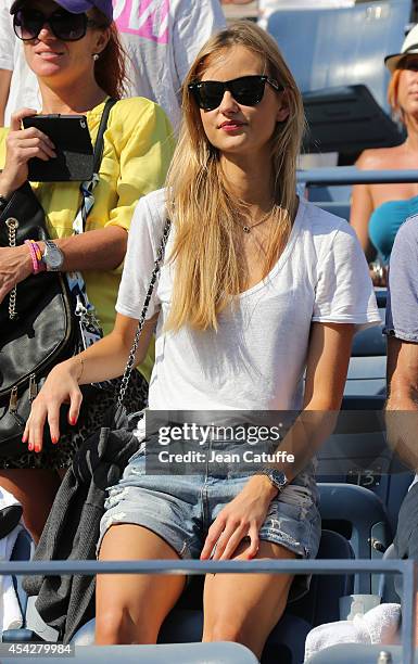 Ester Satorova, girlfriend of Tomas Berdych attends the match between Tomas Berdych of Czech Republic and Lleyton Hewitt of Australia on Arthur Ashe...