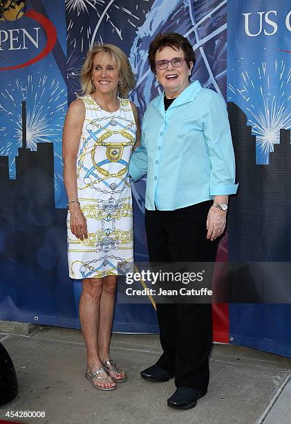 Tracy Austin and Billie Jean King arrive at Arthur Ashe Stadium on Day 3 of the 2014 US Open at USTA Billie Jean King National Tennis Center on...