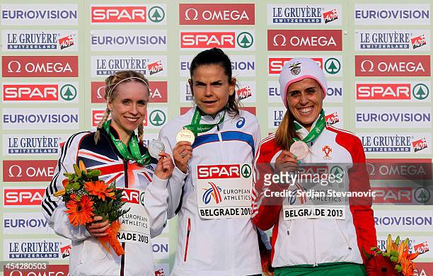 Gold medalist Sophie Duarte of France, Silver medalist Gemma Steel of Great Britain and Bronze medalist Dulce Felix of Portugal pose after the Senior...